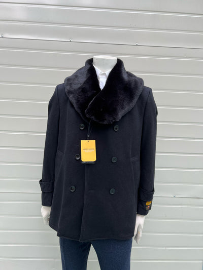 Mens Black Peacoat Wool Overcoat with Faux Fur Shawl Collar – Double-Breasted Winter Peacoat 4   - from alligatorwarehouse.com