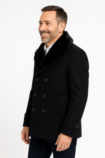 Mens Black Peacoat Wool Overcoat with Faux Fur Shawl Collar – Double-Breasted Winter Peacoat 2   - from alligatorwarehouse.com