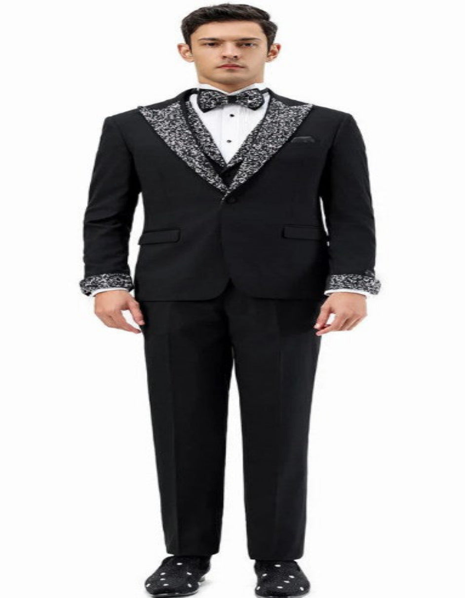 Black Prom Tuxedo - Perfect Wedding Suit Vested Rhinestone sequin Lapelled