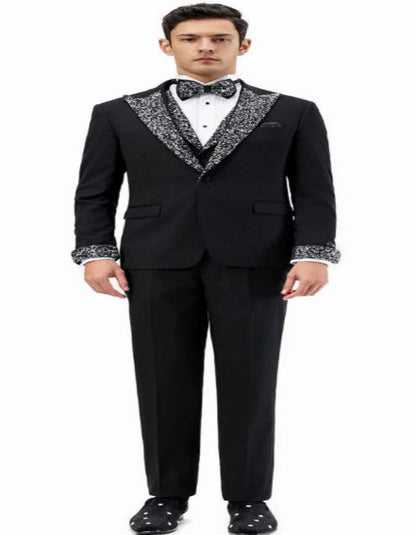 Black Prom Tuxedo - Perfect Wedding Suit Vested Rhinestone sequin Lapelled