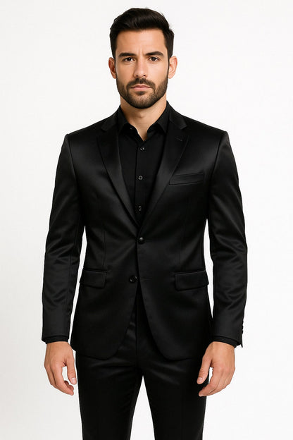 Men’s Black Satin Flex 2 Piece Suit, Slim Fit Sport Coat and Matching Pants Formal Dress Suit