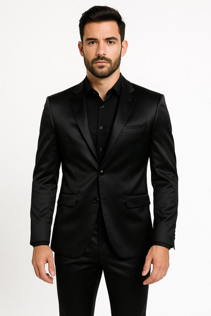 Black Satin Flex Two-Piece Suit ƒ?? Slim Fit Sport Coat and Matching Pants