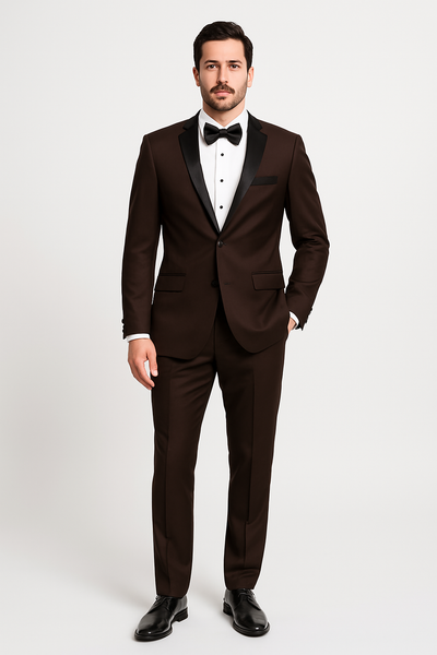 Mens Chocolate Brown Tuxedo with Black Satin Peak Lapel – Formal Wedding and Prom Suit 3   - from alligatorwarehouse.com