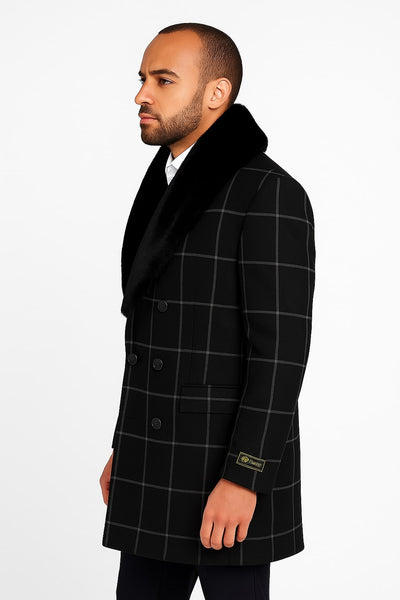 Mens Black Windowpane Wool Overcoat with Faux Fur Shawl Collar – Double-Breasted Long Coat 2   - from alligatorwarehouse.com