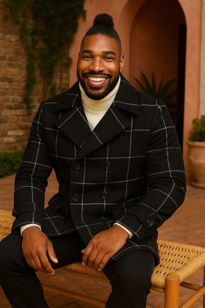 Mens Black Windowpane Check Wool Overcoat – Double-Breasted Winter Peacoat 3   - from alligatorwarehouse.com