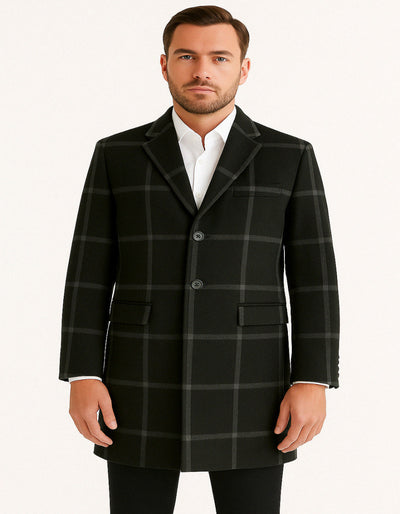 Mens Black Windowpane Wool Overcoat – Big Plaid Pattern Classic Checkered CarCoat 1   - from alligatorwarehouse.com