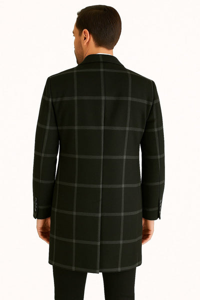Mens Black Windowpane Wool Overcoat – Classic Long Checkered Coat Checkered Plaid Pattern 2   - from alligatorwarehouse.com