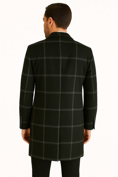 Mens Black Windowpane Wool Overcoat – Classic Long Checkered Coat Checkered Plaid Pattern