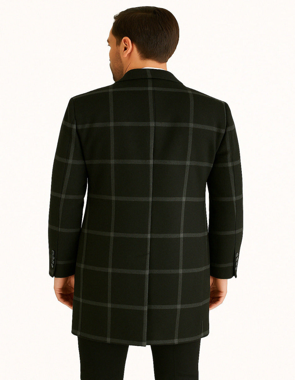 Mens Black Windowpane Wool Overcoat – Big Plaid Pattern Classic Checkered CarCoat