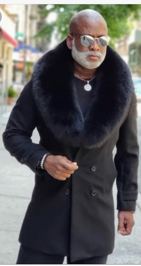 Mens Black Double-Breasted Overcoat with Oversized Faux Fur Collar – Winter Luxury Coat