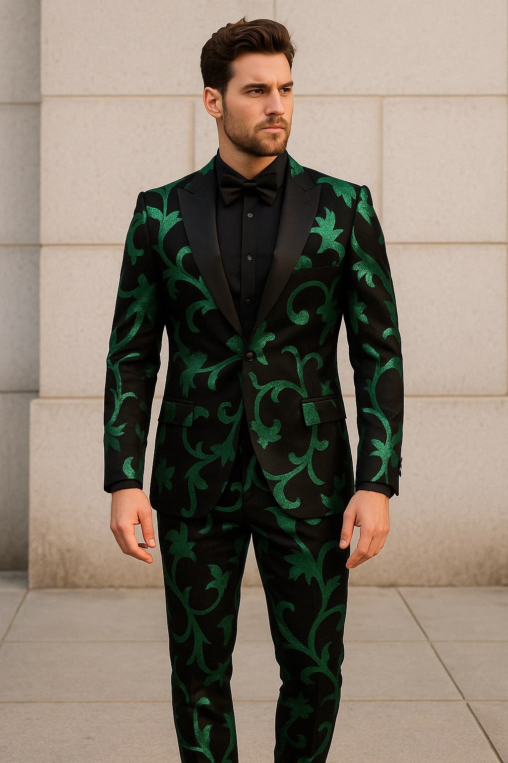 Mens Black and Emerald Green Velvet Floral Tuxedo Suit ƒ?? Slim Fit 2 Piece Formalwear for Weddings and Events Slim Fitted