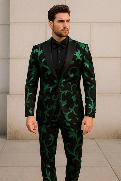 Mens Black and Emerald Green Velvet Floral Tuxedo Suit ƒ?? Slim Fit 2 Piece Formalwear for Weddings and Events Slim Fitted 1   - from alligatorwarehouse.com