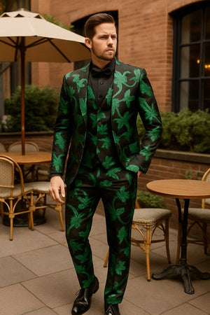 Mens Black and Emerald Green Velvet Floral Tuxedo Suit ƒ?? Slim Fit 2 Piece Formalwear for Weddings and Events Slim Fitted
