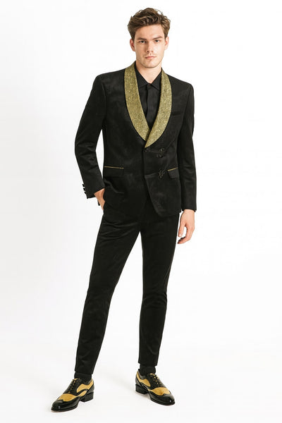 Mens Black and Gold Jacquard Tuxedo Blazer – Luxury Shawl Collar Wedding and Party Smoking Jacket 4   - from alligatorwarehouse.com
