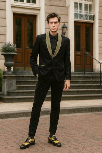 Mens Black and Gold Jacquard Tuxedo Blazer – Luxury Shawl Collar Wedding and Party Smoking Jacket 5   - from alligatorwarehouse.com
