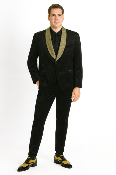Mens Black and Gold Jacquard Tuxedo Blazer – Luxury Shawl Collar Wedding and Party Smoking Jacket 1   - from alligatorwarehouse.com