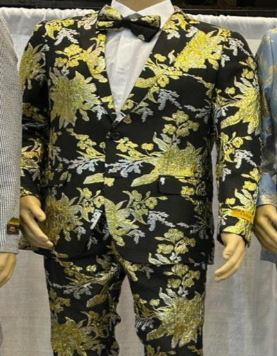 Black and Gold and Sliver Prom Suit - Paisley Floral Tuxedo Suit With Matching Bowtie - Paisley Pattern 1   - from alligatorwarehouse.com