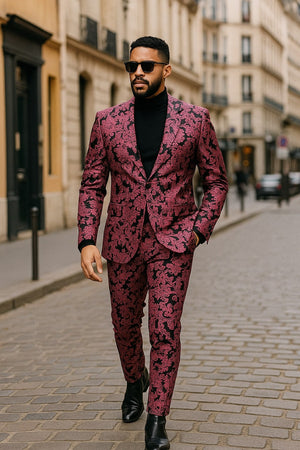 Mens Black and Pink Floral Tuxedo Suit ƒ?? Magento Fucia Plumish Color Slim Fit 2 Piece Embroidered Outfit for Weddings, Prom and Formal Events