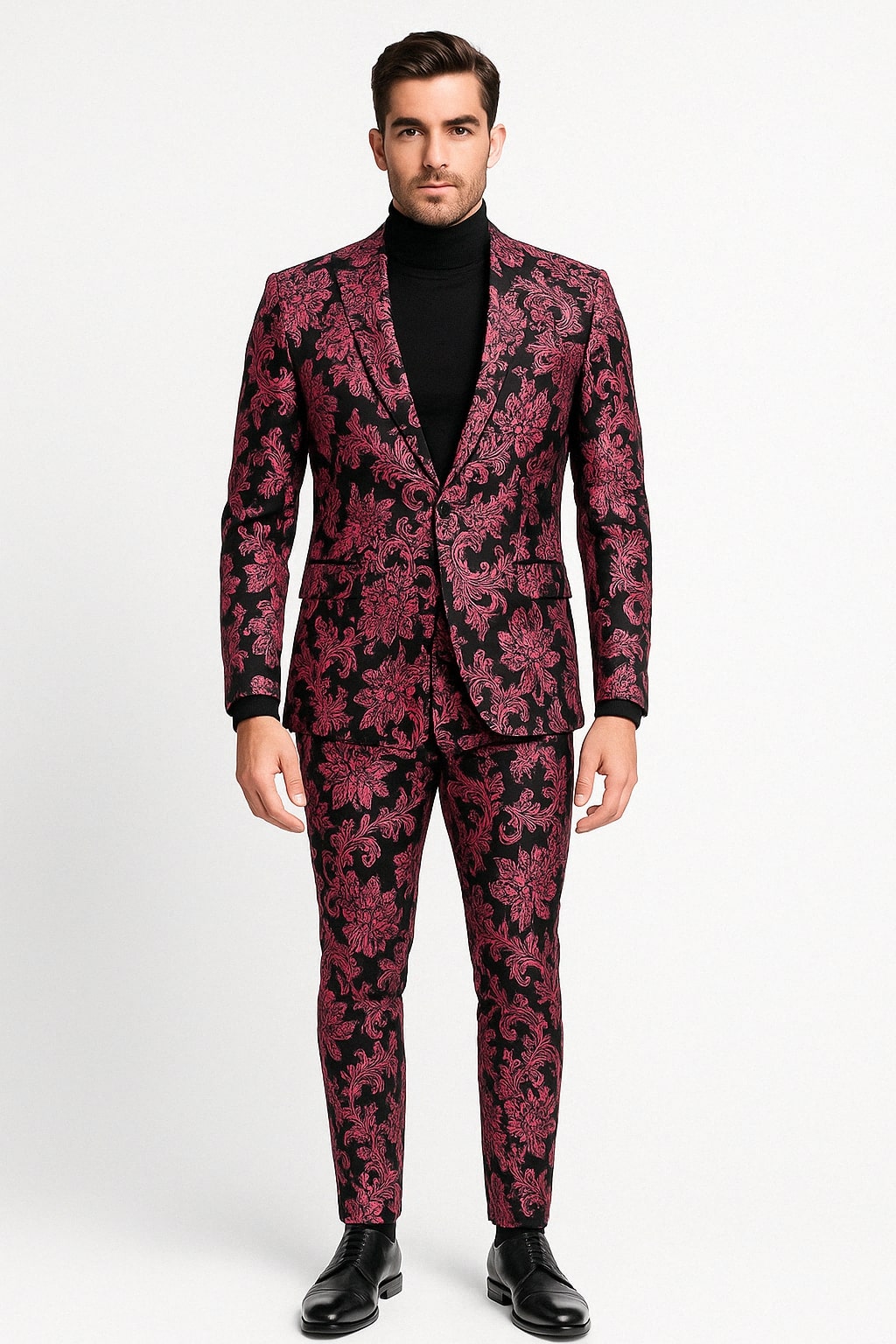 Mens Black and Pink Floral Tuxedo Suit ƒ?? Magento Fucia Plumish Color Slim Fit 2 Piece Embroidered Outfit for Weddings, Prom and Formal Events