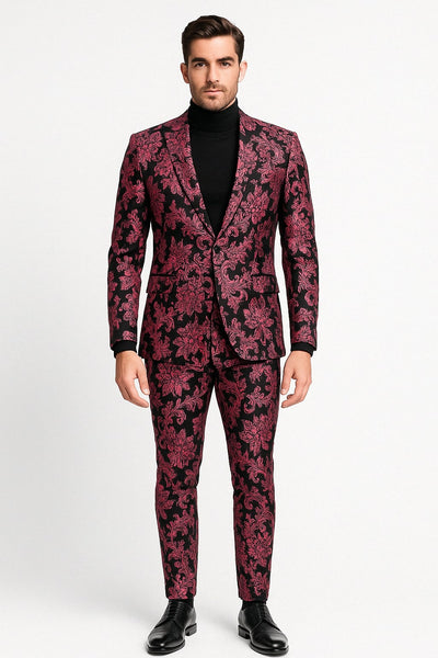 Mens Black and Pink Floral Tuxedo Suit ƒ?? Magento Fucia Plumish Color Slim Fit 2 Piece Embroidered Outfit for Weddings, Prom and Formal Events 1   - from alligatorwarehouse.com