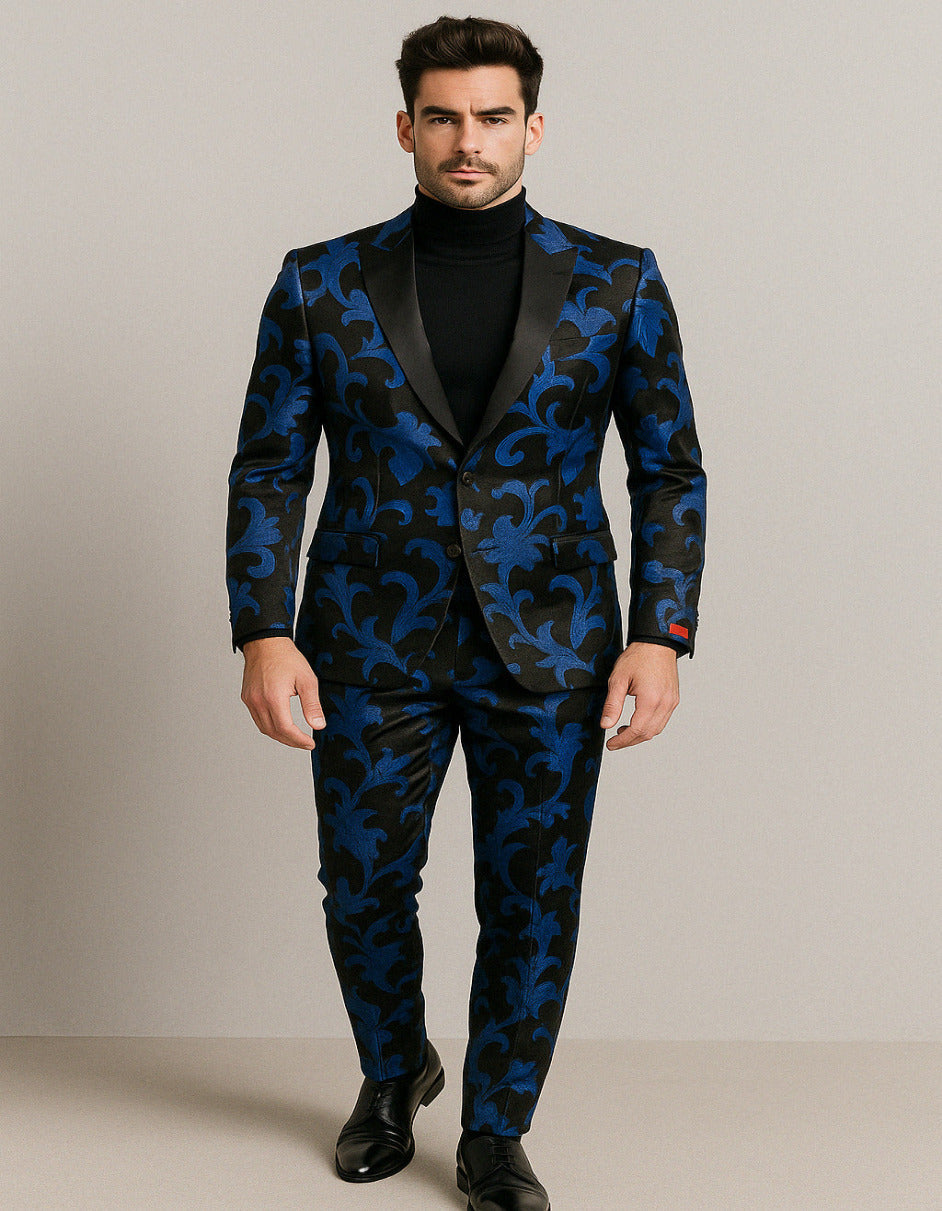 Mens Black and Royal Blue Floral Tuxedo Suit ƒ?? Slim Fit 2 Piece Velvet Embroidered Outfit for Weddings, Prom, and Formal Events