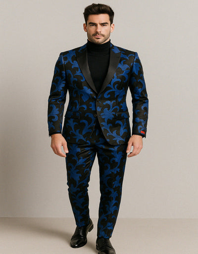 Mens Black and Royal Blue Floral Tuxedo Suit ƒ?? Slim Fit 2 Piece Velvet Embroidered Outfit for Weddings, Prom, and Formal Events 1   - from alligatorwarehouse.com