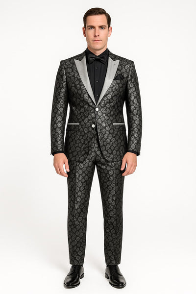 Black and Silver Floral Tuxedo Suit for Men – Luxury Two-Piece Formal Suit with Satin Lapel and Bow Tie 1   - from alligatorwarehouse.com