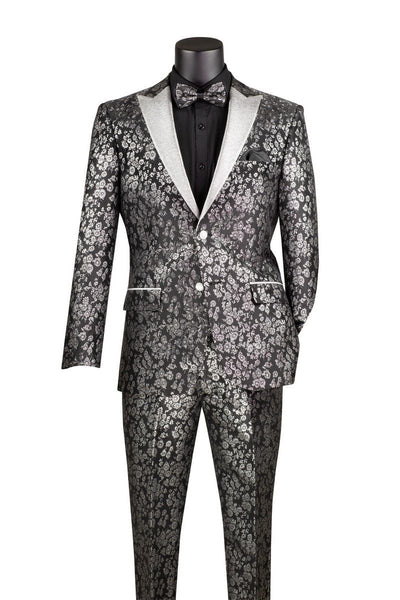 Black and Silver Floral Tuxedo Suit for Men – Luxury Two-Piece Formal Suit with Satin Lapel and Bow Tie 4   - from alligatorwarehouse.com