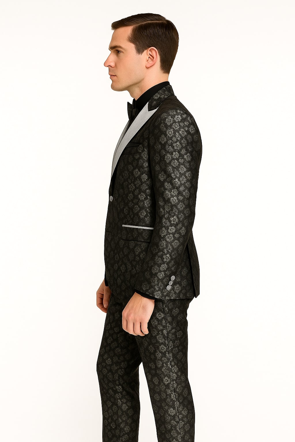 Black and Silver Floral Tuxedo Suit for Men – Luxury Two-Piece Formal Suit with Satin Lapel and Bow Tie