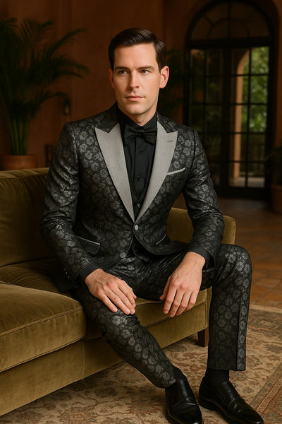 Black and Silver Floral Tuxedo Suit for Men – Luxury Two-Piece Formal Suit with Satin Lapel and Bow Tie 2   - from alligatorwarehouse.com