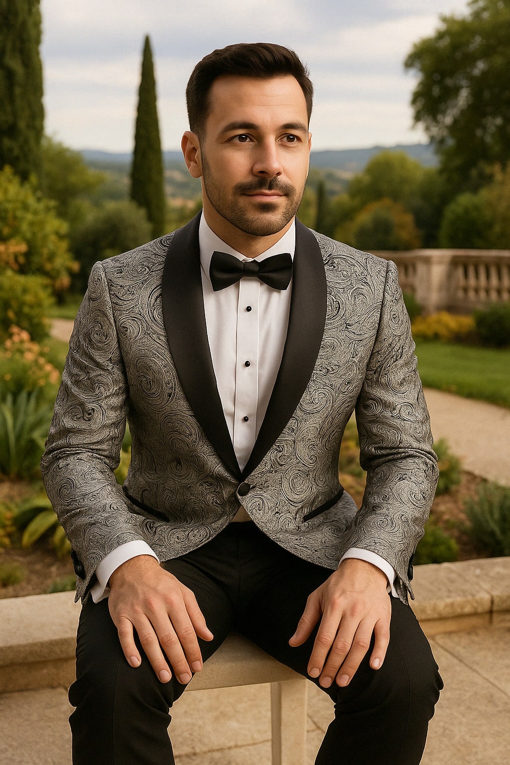 Mens Black and Silver Paisley Tuxedo with Satin Lapel and Bow Tie ƒ?? Formal Party Suit
