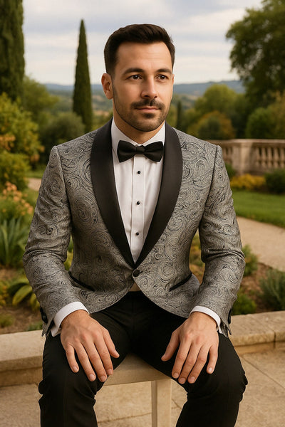 Mens Black and Silver Paisley Tuxedo with Satin Lapel and Bow Tie ƒ?? Formal Party Suit 3   - from alligatorwarehouse.com