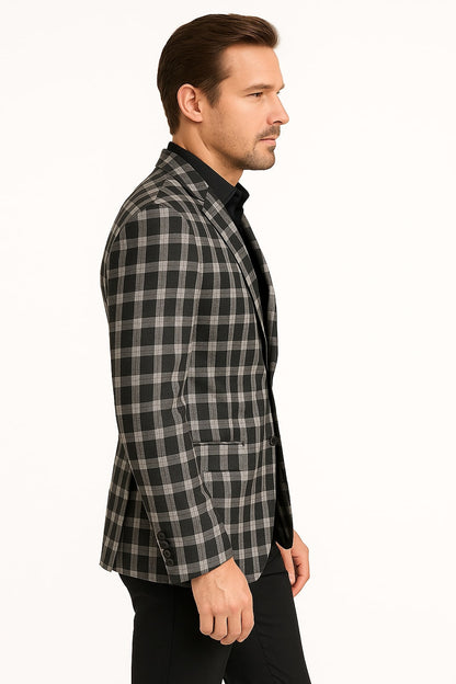 Mens Black and White Plaid Blazer – Modern Fit Checkered Windowpane Pattern Business Sport Coat