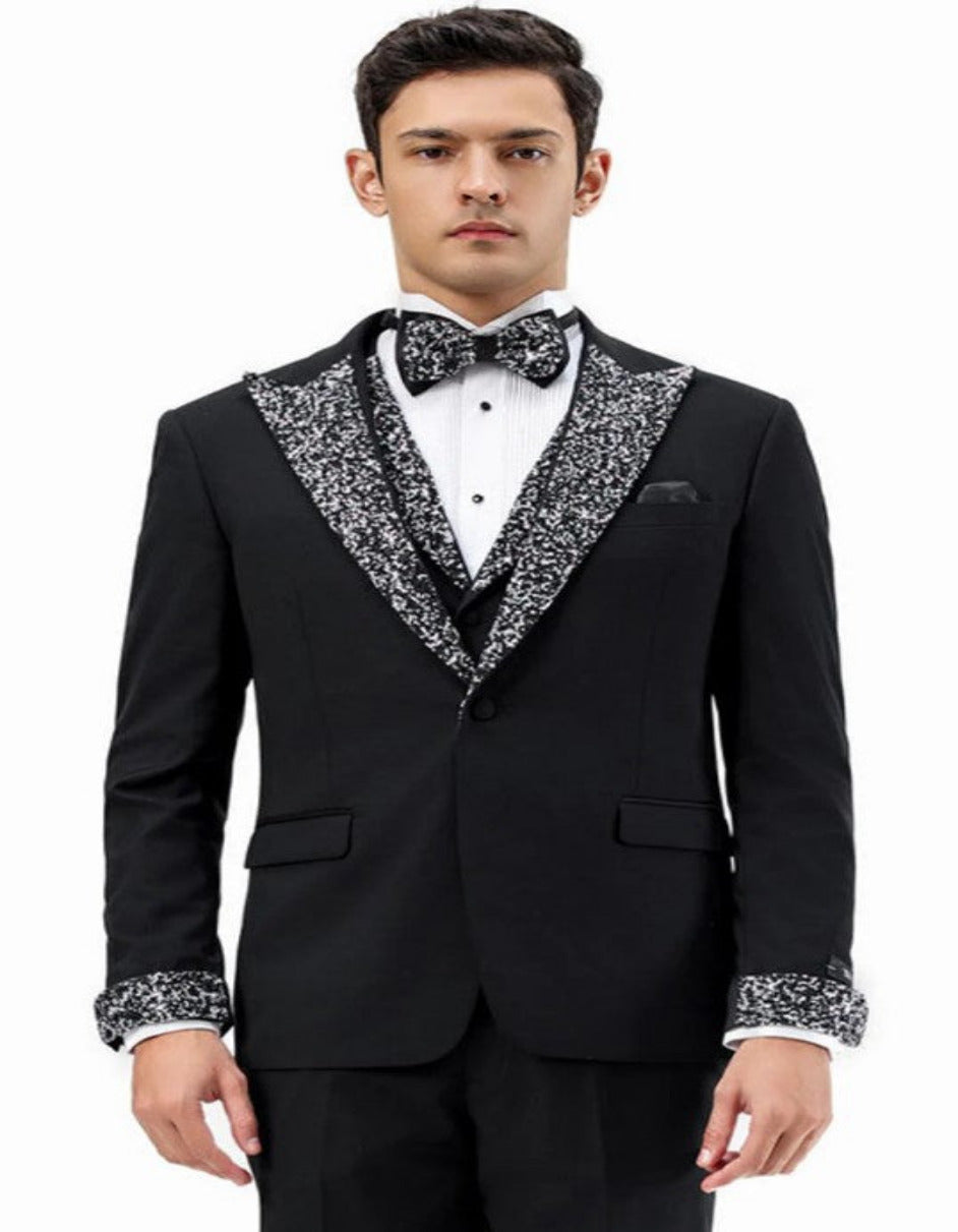 Black and White Prom Tuxedo - Perfect Wedding Suit Vested rhinestone Lapelled