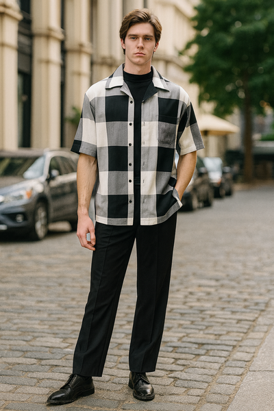 Mens Black and White Checkered Short Sleeve Shirt Set – Casual Two-Piece Summer Outfit 5   - from alligatorwarehouse.com