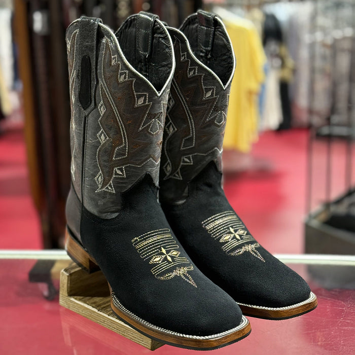 Black Cowboy Boot Nubuck Square Toe