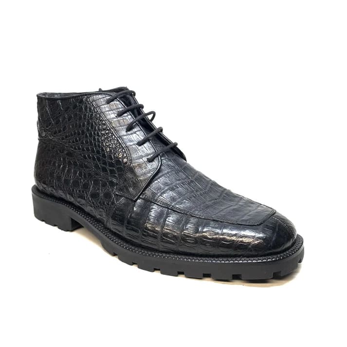 Los Altos Black All-Over Crocodile Belly Lace Up Ankle Boots