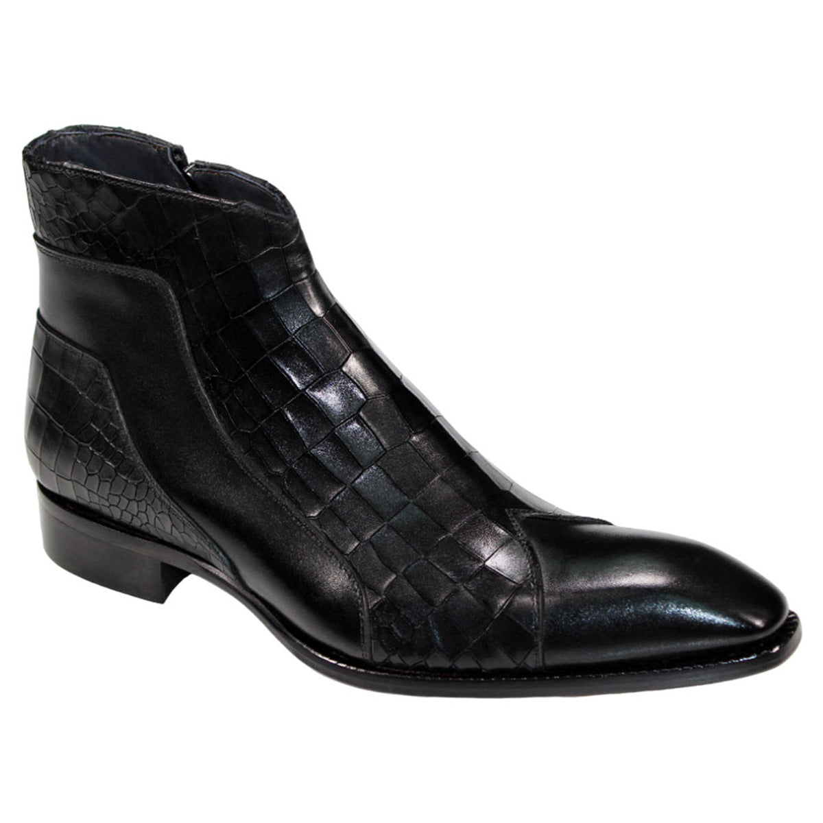 Duca Aprilia Black Genuine Italian Calfskin Crocodile Print Ankle Boots