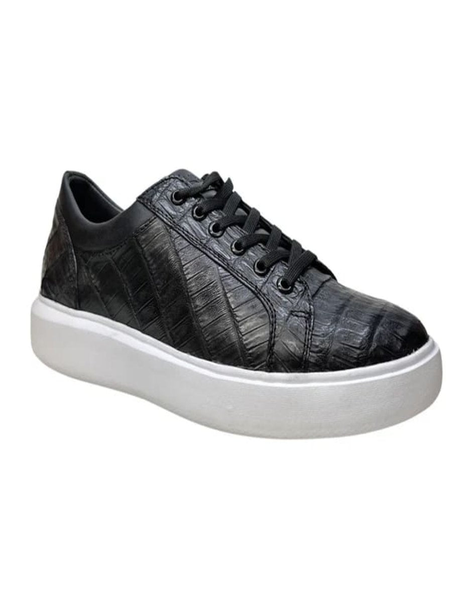 Los Altos Black Caiman Crocodile Low Top Sneakers