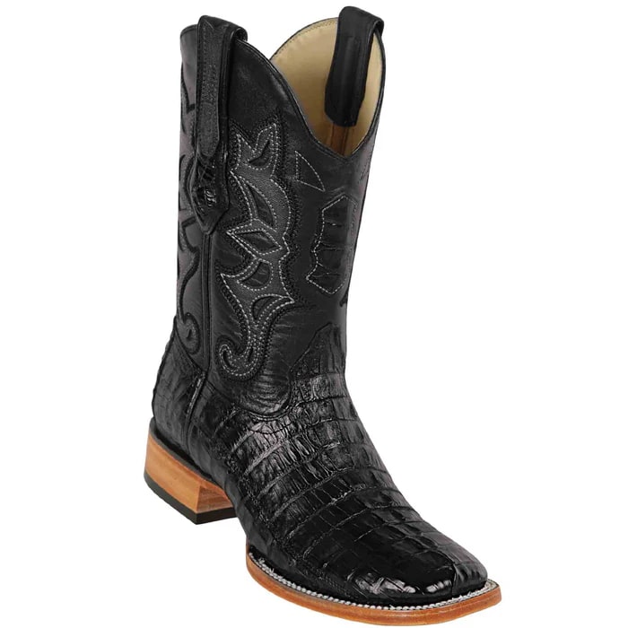 Los Altos Boots - Mens Dress Cowboy Boot - Low Priced Black Square Toe Caiman Tail Boots- in Black