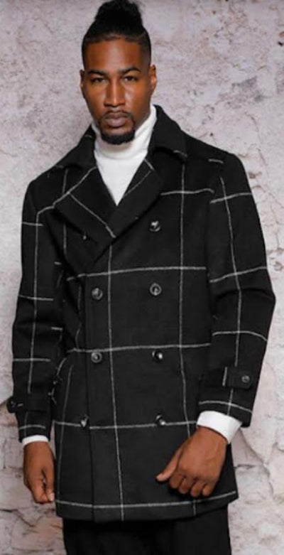 Mens Plaid Peacoat - Plaid Pattern Black Coat 1   - from alligatorwarehouse.com