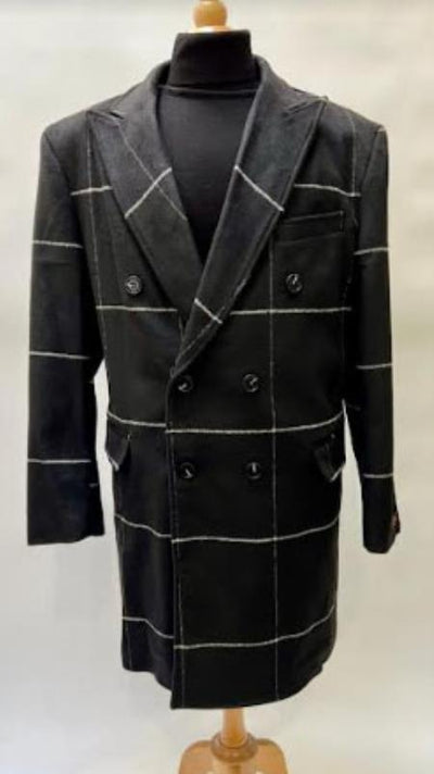 Black Plaid Overcoat - Topcoat With WindowPane Pattern Double Breasted Style 1   - from alligatorwarehouse.com