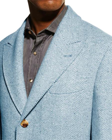 Mens Carcoat - Light Blue Three Quarter Peak Lapel Topcoat