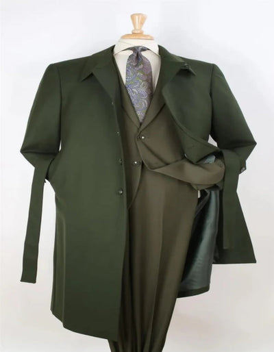 Mens Black Diamond Solid Green 100% Wool Gabardine Belted Duster Overcoat 1   - from alligatorwarehouse.com