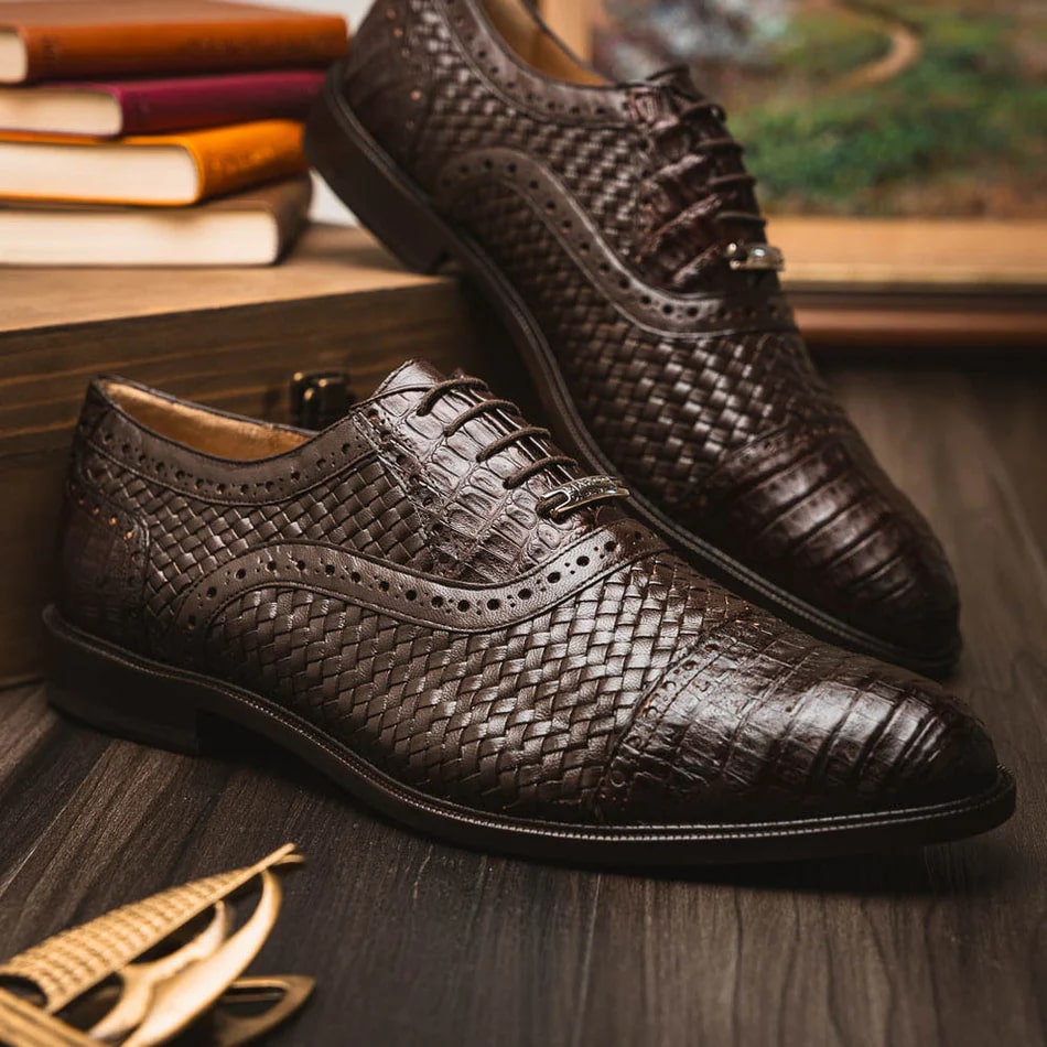 Marco Di Milano John Men's Shoes Exotic Caiman Crocodile / Woven Leather Dress Oxfords