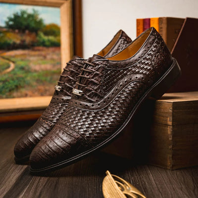 Marco Di Milano John Men's Shoes Exotic Caiman Crocodile / Woven Leather Dress Oxfords 28 JOHN_CAIMAN FUSCUS_BLACK_8.5  - from alligatorwarehouse.com