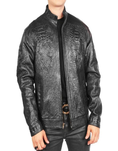 Fine Leather Black Jacket with Crocodile Applications 1   - from alligatorwarehouse.com