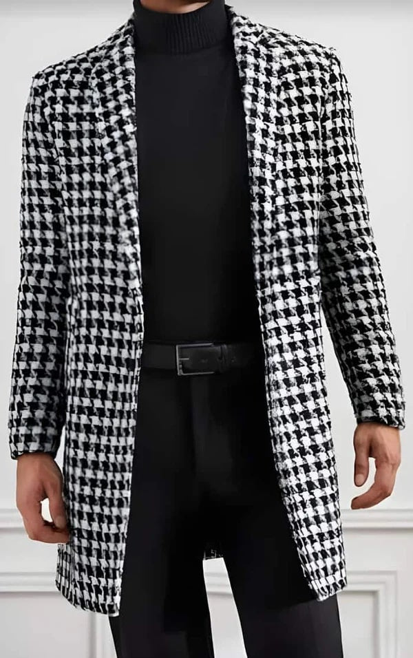 Mens Plaid Overcoat - Hounstooth Checker Pattern Black Topcoat