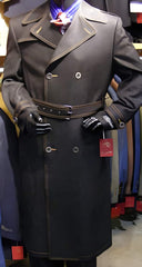 Double Breasted Denim Ankle length Coat Dress Coat  Priced Available In Big & Tall Sizes with a Belt Dark color black men's Overcoat