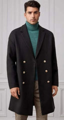 Men Lapel Collar Double Breasted Tweed Overcoat